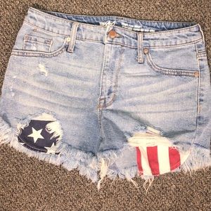 MOSSIMO AMERICAN FLAG 4TH JULY POCKETS HIGH RISE DISTRESSED JEAN DENIM SHORTS 8